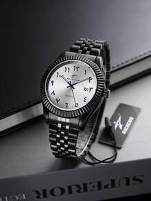 RICECGO 男士经典石英钢表带腕表，带日历显示，适合日常佩戴、商务场合，高端精致礼品。