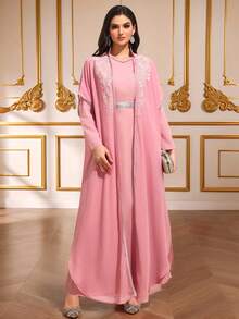 Elegant 2 Pieces Outfit, Pink Tone, Featuring Intricate Sequin Embroidery And Cinched Waist, Suitable For Special Occasions And Festivals - Pink - View 6