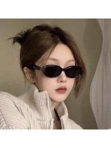 1pc Retro Oval Frame Fashion Glasses, & Cool, PC Material Anti-Wind Premium Oval Fashion Glasses, Stylish Social Media Influencer Glasses - Black - View 6