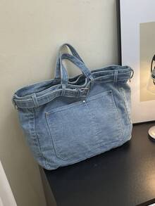 Large Capacity Fashion Casual Tote Bag, Retro Washed Denim, Shoulder Bag With Detachable Strap, Unique Design Handbag, Suitable For Work, Shopping, Commuting - Multicolor - View 4