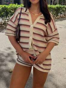 女士夏季复古度假风针织两件套，轻盈透气，镂空设计，时尚休闲条纹纽扣上衣搭配松紧腰短裤，适合日常穿着、海滩度假、街头风、假日约会、海滩派对、节日庆典、夏季穿搭和春季假日造型 - 彩色 - 查看 5