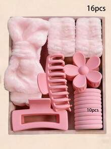 16pcs/Set Pink Household Washing Accessories Set, Including Large Comb, Hair Clips, Wrist Band, Hair Ties, Etc. - Suitable For Girls And Women, Decorative Accessories, Suitable For Daily Use, Bathing, Waterproof, New Combination, Adorable And Sweet, Multi-Functional - Suitable For Daily Life And Outfits, Style, Claw Clips - Multicolor - View 12