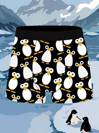 1 Pacote de Shorts Novos para Homens, Shorts Boxer Masculinos Impressos com Padrão Adorável de Pinguim, Shorts Masculinos com Estampa de Motivo Animal Brincalhão, Tecido Tricotado, Respirável e Absorvente de Suor, Macio e Suave na Pele, Brincalhão e Fofo para Uso Casual em Casa Cuecas Boxer Masculinas.