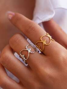 Frminee 2pcs/1pc Simple And Cute Heart 18k Gold Plated Geometric Stainless Steel Ring, Stacked Strap Statement Wedding Promise Ring, Valentine's Day Gift - Multicolor - View 2