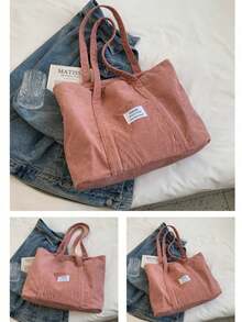 Large Capacity Solid Color Simple Corduroy Tote Bag, Tote Bags For Students, Multiple Compartments, Perfect For Beach, School, Work & Daily Use, Literary School Bag For Teens, Book Bag For Women Or Students, Perfect For Books, Shopping, Back To School And More, Perfectly Matching With Fall Outfits Women - 粉色 - 查看 4