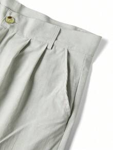 Men's Linen Pants Solid Color Pleated Mid Waist Straight Leg Casual Trousers With Pockets For Daily Office - 灰 - 查看 9
