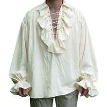 Retro Men's Shirt, Ruffle Lace Up V Neck Long Sleeve Solid Color Cosplay Prince Drama Stage Costume - Rice - View 1