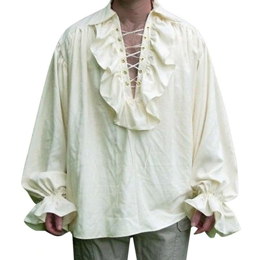 Retro Men's Shirt, Ruffle Lace Up V Neck Long Sleeve Solid Color Cosplay Prince Drama Stage Costume - Rice - View 1