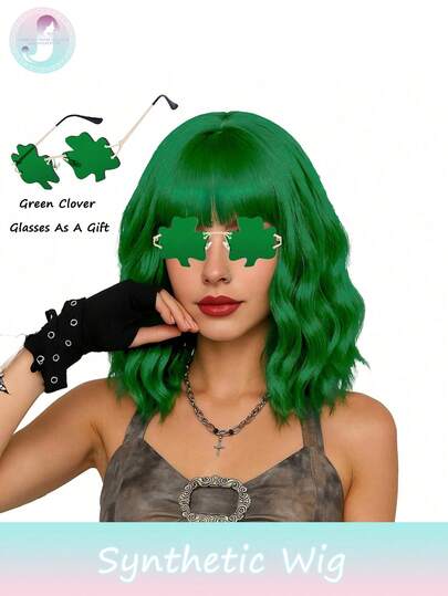 12-Inch Green Bangs Bobo Head Synthetic Wig, Medium Length Curly Hair, Soft & Comfortable Heat-Resistant Synthetic Fiber, Suitable For Daily, Party, Halloween Cosplay (Green Four-Leaf Clover Glasses Included), Best Gift For St. Patrick's Day 2026/Green Wig/Green Bobo Head Wig