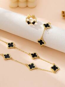 1 Collar de flor, 1 Pulsera de flor, 1 Anillo de flor, Conjunto de joyas de flor de trébol de cuatro hojas de moda casual - Negro - Ver 5