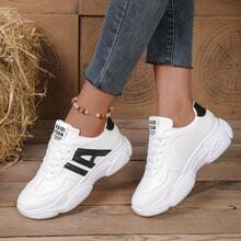 2026 New Spring/Summer Women Thick Sole Casual Sneakers, Breathable Athletic Shoes, Fashionable Lace-Up White Shoes - Black and White - View 12
