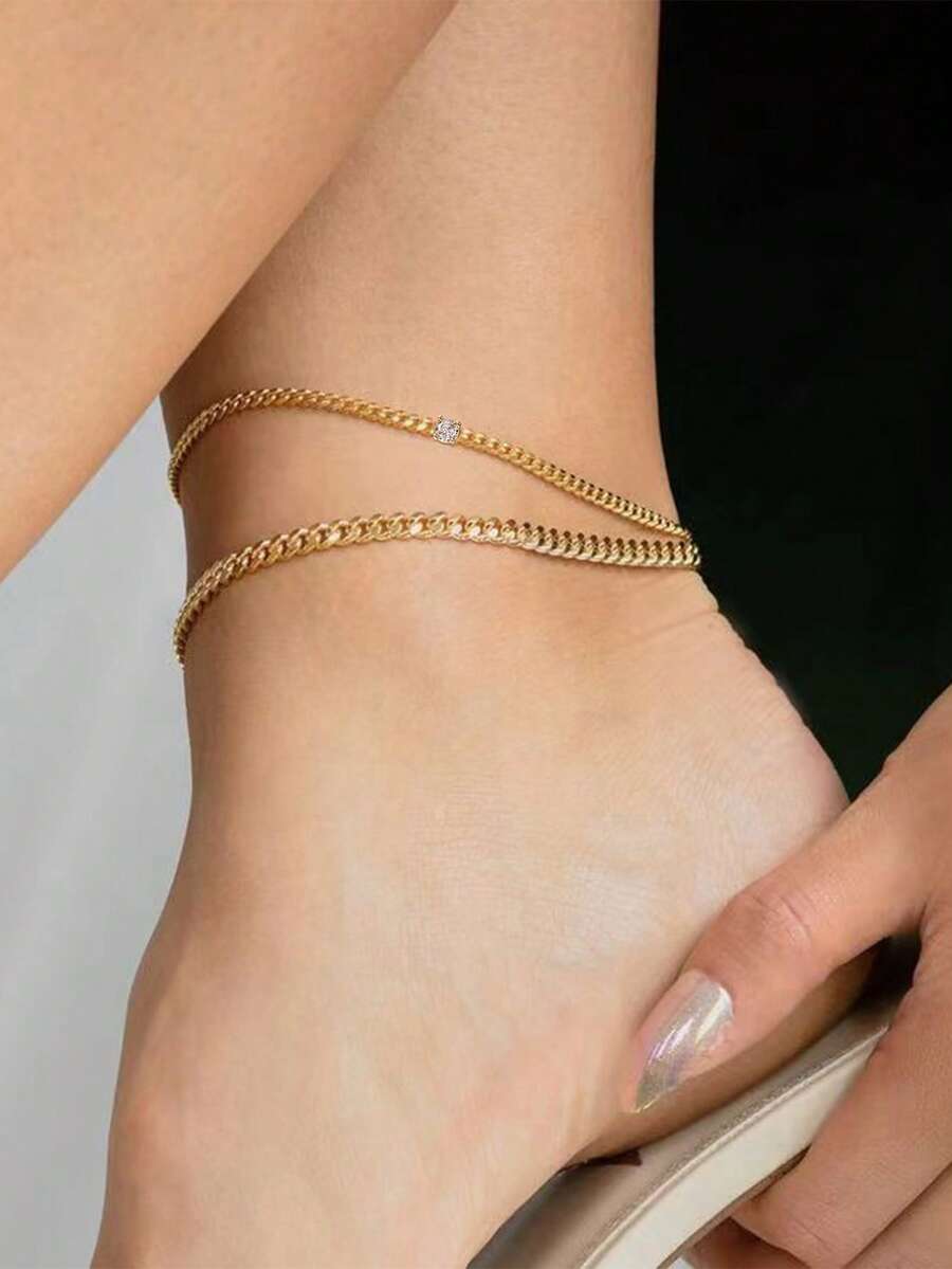 Bộ 2 chiếc vòng chân đính đá zirconia nhiều lớp bằng đồng nguyên bản, quà tặng trang sức cho phụ nữ. - Vàng - Xem 1