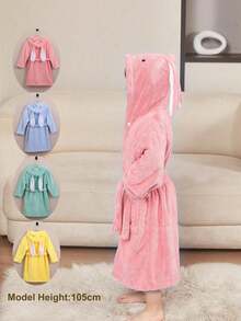 1 pieza Bata De Baño Para Niños De 7 Años, 8 Años,Toalla Bata Para Baño De Niños,Albornoz infantil de felpa de coral con capucha con oreja de conejo de dibujos animados, capa gruesa con bolsillos para niños y niñas - Rosa coral - Ver 2