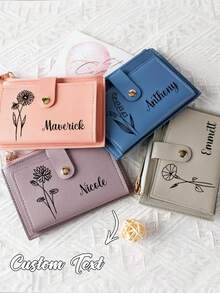1pc Personalized Short PU Wallet, Customizable Birthday Floral Pattern & Name, Suitable For Students, Minimalist Snap & Zipper Design, Holds Cash, Coins, Cards - Multicolor - View 2