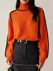 Áo len cổ cao tay dài phối màu thời trang mùa thu mới, thích hợp mặc đi học. - Màu Cam cháy - Xem 4