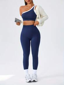 Women's New Hot  Workout Sets Yoga Outfit - One Shoulder Strappy Sports Bra & Seamless Plain Leggings, Tummy Control Thigh-Hugging Design, Soft Non-Pilling Fabric, Fall Winter Gym Running Fitness - Màu xanh hải quân - Xem 1