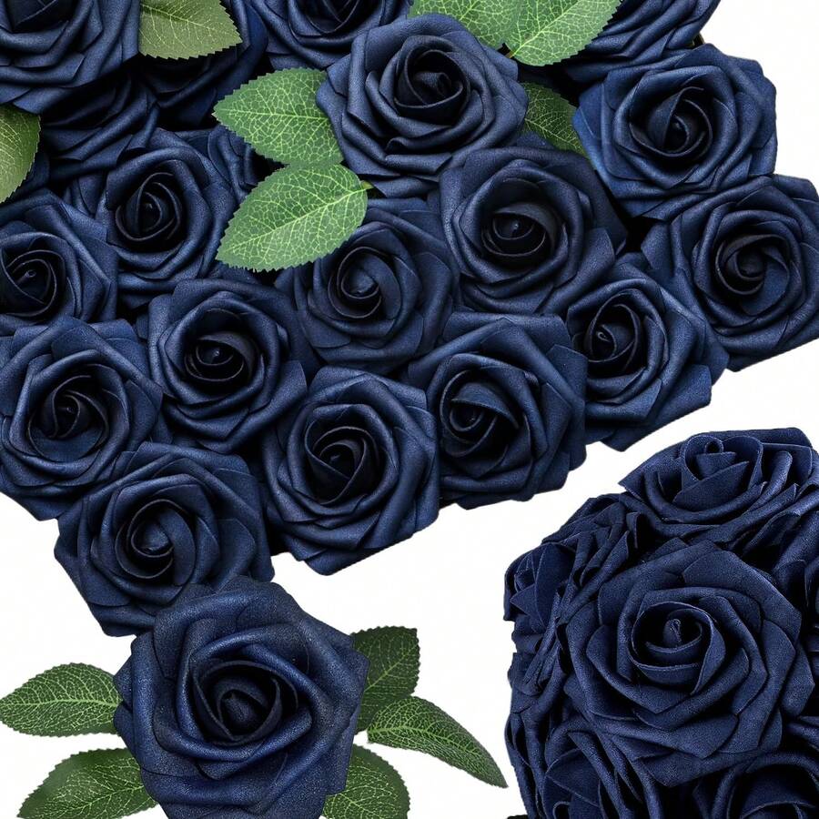 25/50pcs Navy Blue Artificial Foam Roses With Stems - Perfect For DIY Wedding Decor, Bouquets, Party Table Arrangements And Home Decoration, Packed In OPP Bag, With 2 Leaves - Dark Blue - View 1