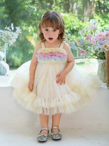 女婴蝴蝶结网眼公主派对礼服，适合儿童生日、花童、婚礼、庆典、派对、节日庆典 - 杏色 - 查看 6