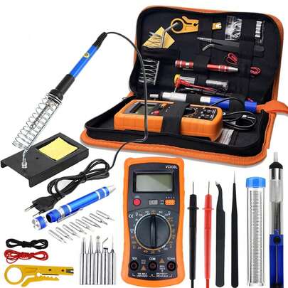 Cautin para Soldar Profesional, 60W Cautin Tipo Lapiz Temperatura Ajustable, 28Pcs Kit de Soldadura Electronica con Multímetro Digital, 5 Puntas de Cautín, Dispositivo Desoldador, Alambre Soldadura