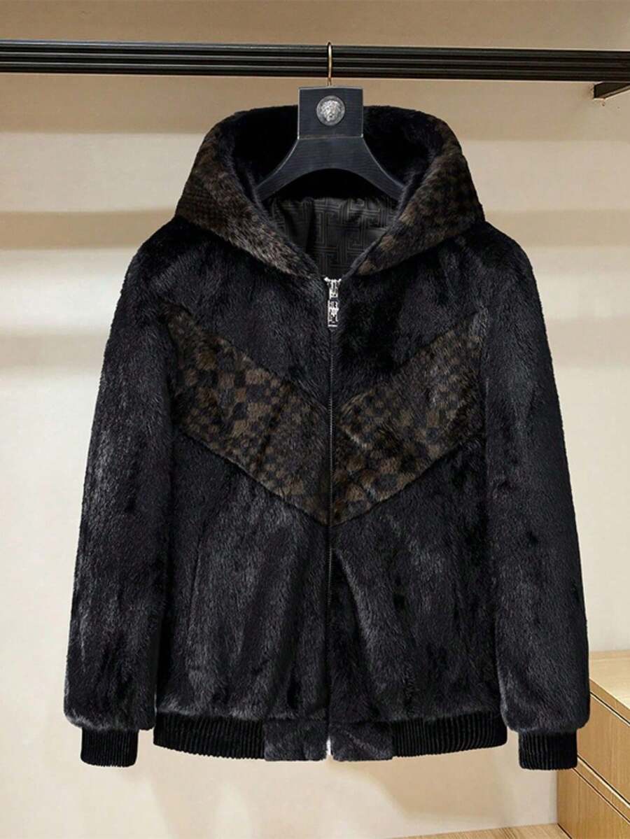 Chamarra Tipo Piel de Visón con Capucha para Hombre | Abrigo de Invierno Acolchado, Caliente y con Diseño en Dos Tonos - Negro - Ver 1