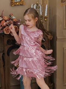 Tween Girl Sleeveless Flowing Sequin Fringe Party Dress, Flower Girl Dress, Princess Gown For Girls, Suitable For Birthday Party, Wedding, Prom, Holiday Celebration - Pink - View 2