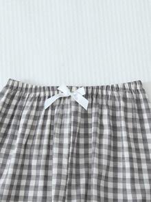 两件套格子印花睡衣套装，甜美可爱翻领纽扣长袖上衣和裤子，女士居家睡衣家居服 - 灰色 - 查看 6