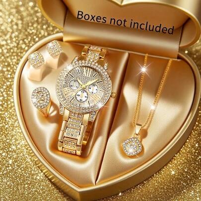 5pcs Luxury Women's Quartz Watch & Jewelry Set - Rose Golden-Tone Alloy Analog Watch With -Accented, Matching Bracelet, Necklace, Earrings & Ring-Like Charm