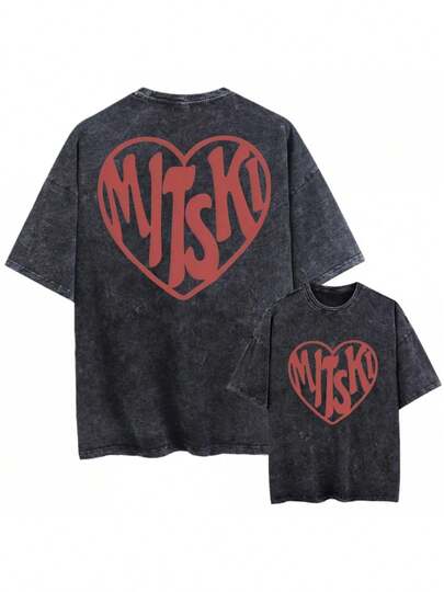 Camiseta unisex retro lavada suelta negra de manga corta con diseño gráfico para hombres y mujeres. Logotipo en forma de corazón del álbum romántico de Mitski, ropa de moda estilo Harajuku. Excelente camiseta de cuello redondo suelta para el verano