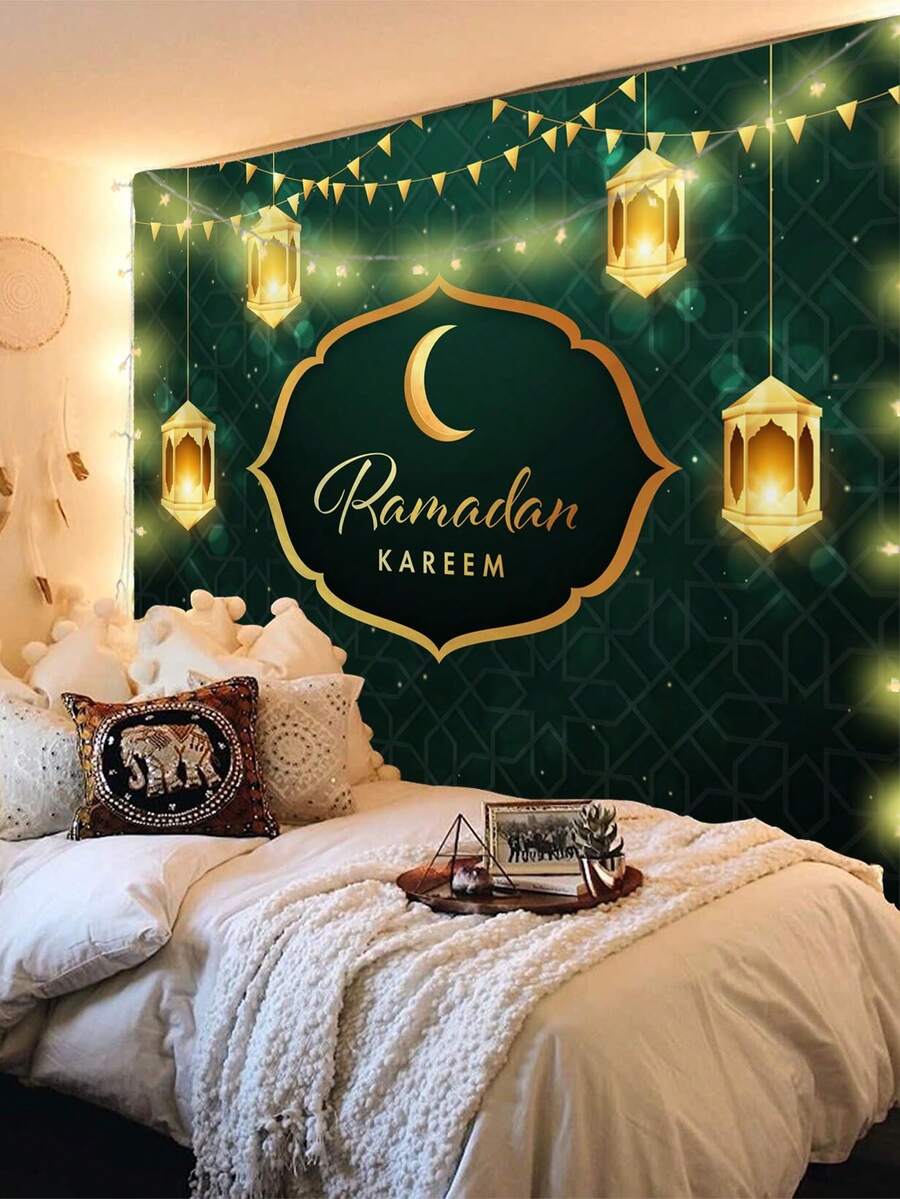 1pc Eid Mubarak Pattern Printed Tapestry, Large Size Decorative Hanging Cloth, Home Decor, Holiday Gift, Party Decoration, Live Streaming Background, Suitable For Living Room And Hotel, With Installation Bag (Accessories Included) - Multicolor - View 1