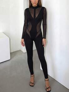 DOUCIU Mesh Patchwork Long Sleeve Sexy Slim Jumpsuit - Black - View 2