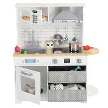Juego de cocina para niños, juego de juguete de cocina de madera con estufa, horno, fregadero y 17 piezas de juguete para alimentos y utensilios de cocina, cocina de juego de simulación con 2 cajones - Blanco - Ver 7