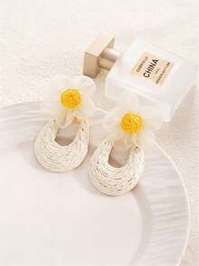 1 Pair Bohemian Vacation Style Earrings With Simple And Personalized Five-Leaf Flower+Circular Earrings, Handmade And Woven Grass Suitable For Women's Daily Wear - Multicolor - View 10