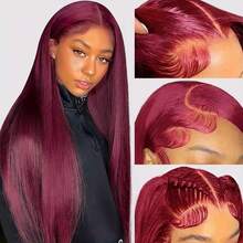 99J Wine Red Synthetic Silky Straight 13x4 Lace Front Wig, Glueless & Hairline, Heat Resistant Fiber, Suitable For Daily & Party Styling, High Density Hair, Elegant Hair Accessory, Silky Texture - S99J - View 8