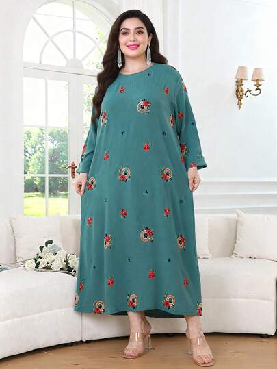 2026新款斋月传统优雅花卉刺绣长袍，大码，圆领，长袖，时尚