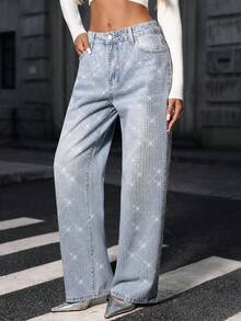 Light Blue Rhinestone Embellished Wide Leg Jeans, Stylish And Straight Leg Pants For Women - Light Wash - View 1