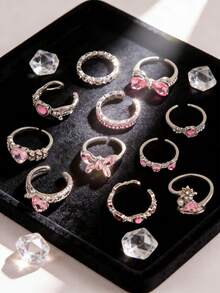 10件/套 时尚Y2K粉色水钻女孩戒指套装 可爱蝴蝶结手指饰品 派对日常朋友礼物配饰 - 粉紅色水鑽銀尾戒 - 查看 6