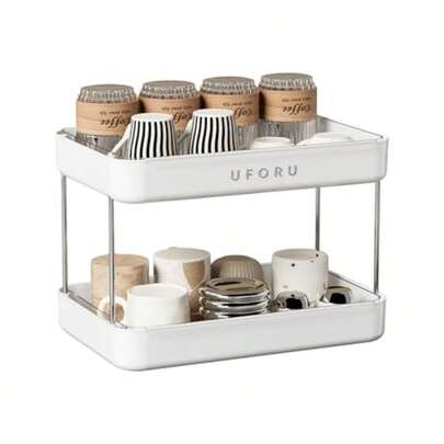 Organizador de estación de café de encimera de 2 niveles, soporte para vasos de whisky, escurridor de tazas, con bandeja de drenaje extraíble, fácil de instalar y limpiar, estantería para estación de matcha para organizar la cocina y el baño