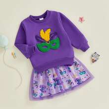 2Pcs/ Set Toddler Girl Mardi Gras Outfit Crewneck Sweatshirt Tutu Skirts Set 2 Piece Cute Little Girl Clothes. Kids Carnival Clothes 1-5Years (Purple) - 寶藍色 - 查看 10