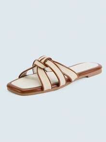 Women's Comfortable Spring Shoes, Flat Sandals Square Toe Slide Sandals, Braided Sandals For Vacation,Elegant Summer Shoes - 棕色 - 查看 2
