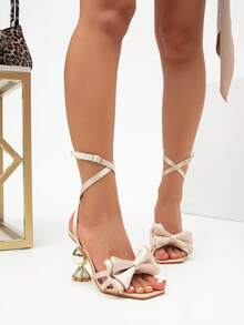 Beige Satin Cross-Strap Sandals With Voluminous Bow Decor & Unique Gold Ball Heel - Luxe Silky Texture Dress Shoes For Evening Cocktail Parties, Romantic Dinner Dates - Apricot - View 4