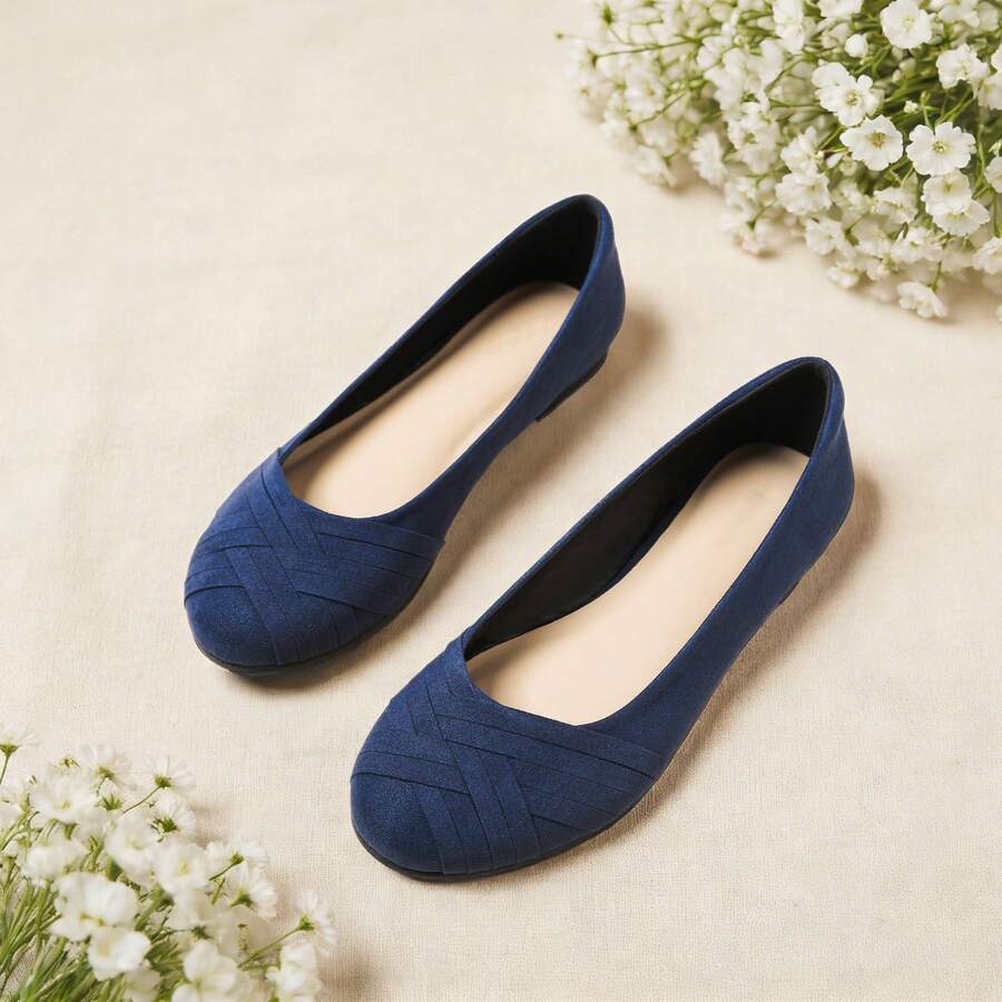 Women's Wide Width Flat Shoes,Dressy Ballet Flats,Round Toe Slip On Office Flats. - 藏蓝色 - 查看 1