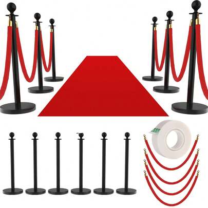 Barandillas con Cuerdas de Terciopelo Negro + Alfombra Roja de 26 Pies, Postes de Acero Inoxidable para Control de Multitudes, Ideal para Bodas y Eventos