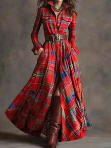 Women's Autumn/Winter Fashion Multi-Color Plaid Retro Long Dress, Oversized Skirt Design, Stylish Button Fitted Lapel Shirt Dress, Perfect Choice For Parties And Events (Belt Not Included) - Red - View 2