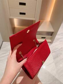 1个时尚金属装饰迷你盒形手拿包，优雅闪亮金属条点缀女士手提包，奢华质感，适合晚礼服、派对、婚礼、舞会等场合，含金属链 - 酒紅色 - 查看 9