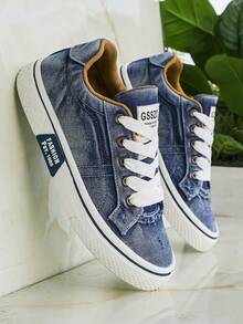 2026 New Men's Blue/Black Denim Distressed Low-Top Casual Sneakers - Washed Canvas Outdoor-Ready Shoes With White Laces, Gold Eyelets & Non-Slip Textured Sole, Comfort-Focused Footwear For Light Hikes, Park Strolls, Camping Trips, Weekend Outdoor Errands & Casual Adventures - Breathable Mesh Lining, Durable Stitched Construction, Retro Washed Jeans Fabric Design That Complements Cargo Pants, Hiking Shorts, Flannel Shirts & Light Jackets, Versatile All-Day Comfort Shoes For Effortless Outdoor-Casual Styling - 藍色 - 查看 4