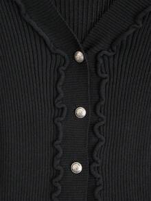 Spring New Black Versatile Knit Cardigan For Women, Ruffle Hem, Long Sleeve, Fitted V-Neck Sweater