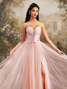 VIPGIRL Đầm dạ hội màu hồng thanh lịch không dây vai, chất liệu lưới, với phần thân áo ôm sát đính hạt, chân váy voan mỏng bồng bềnh, dài đến sàn, đầm dạ hội dành cho nữ, đầm dự tiệc. - Bụi hồng - Xem 7