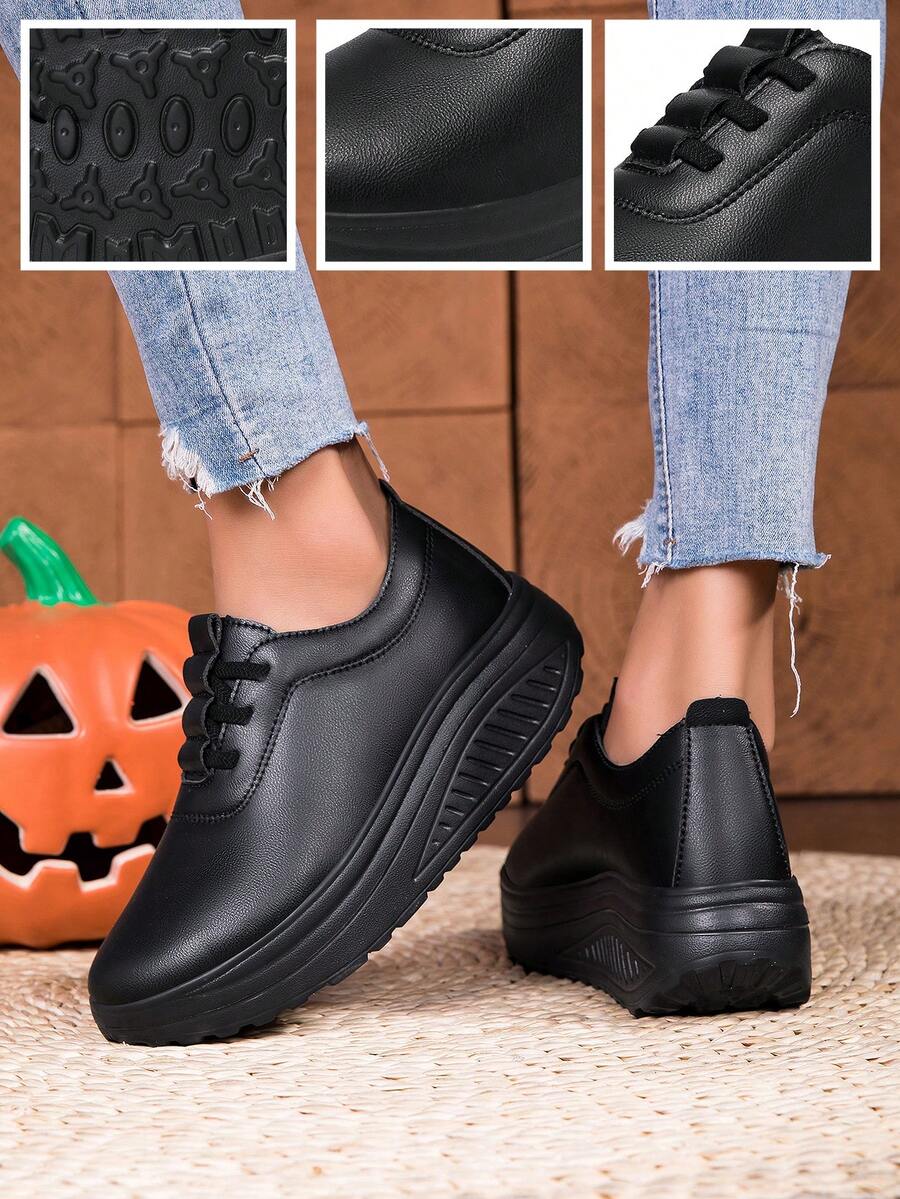 New Thick Sole Women Shaking Shoes, Casual Shoes, Elevator Shoes, Solid Color Shoes, Dirt-Resistant, Fashion Design, Versatile Women Shoes - Black - View 1