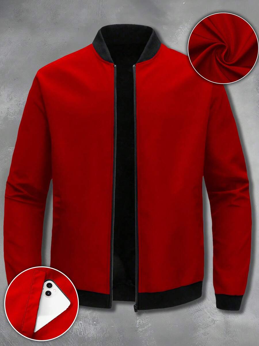 Outdoor Sports Casual Stand Collar Baseball Jacket Solid Color Zipper Jacket