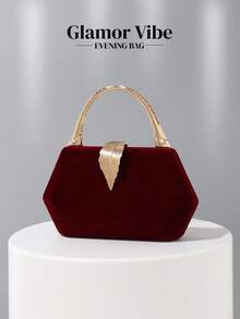 Glamor Vibe Elegant Velvet Evening Clutch Bag, Decorated With Gold Feathers, Suitable For Party Dresses, Vintage Style Velvet Handbag, Formal Occasion Evening Bag, Suitable For Ball, Wedding, Party, Cocktail Party, Birthday Party, As Birthday Gift, Bridal Clutch - Burgundy - View 1